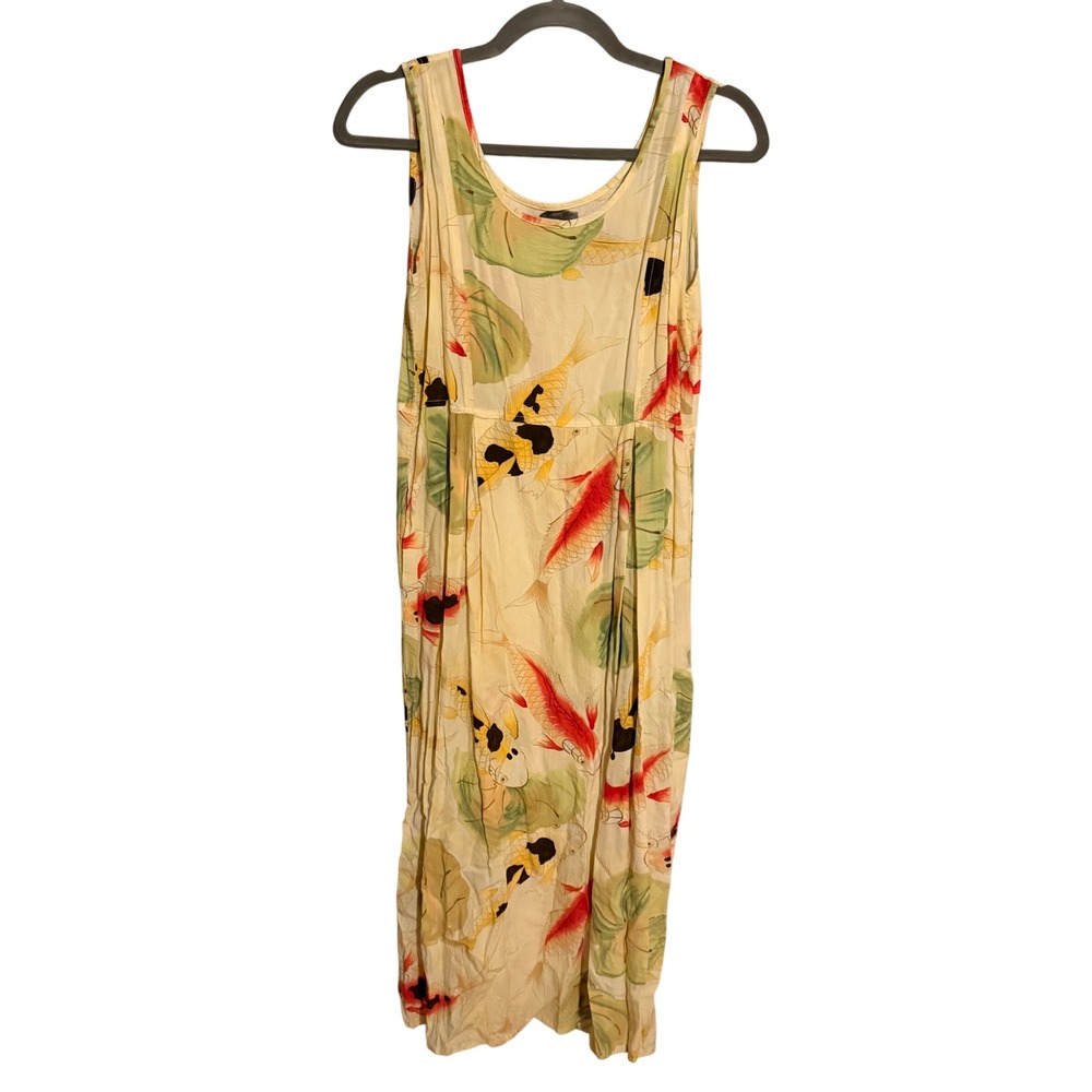 Jams World Vintage Koi Fish Lily Pad Print Rayon Midi Dress XS Yellow Hawaii